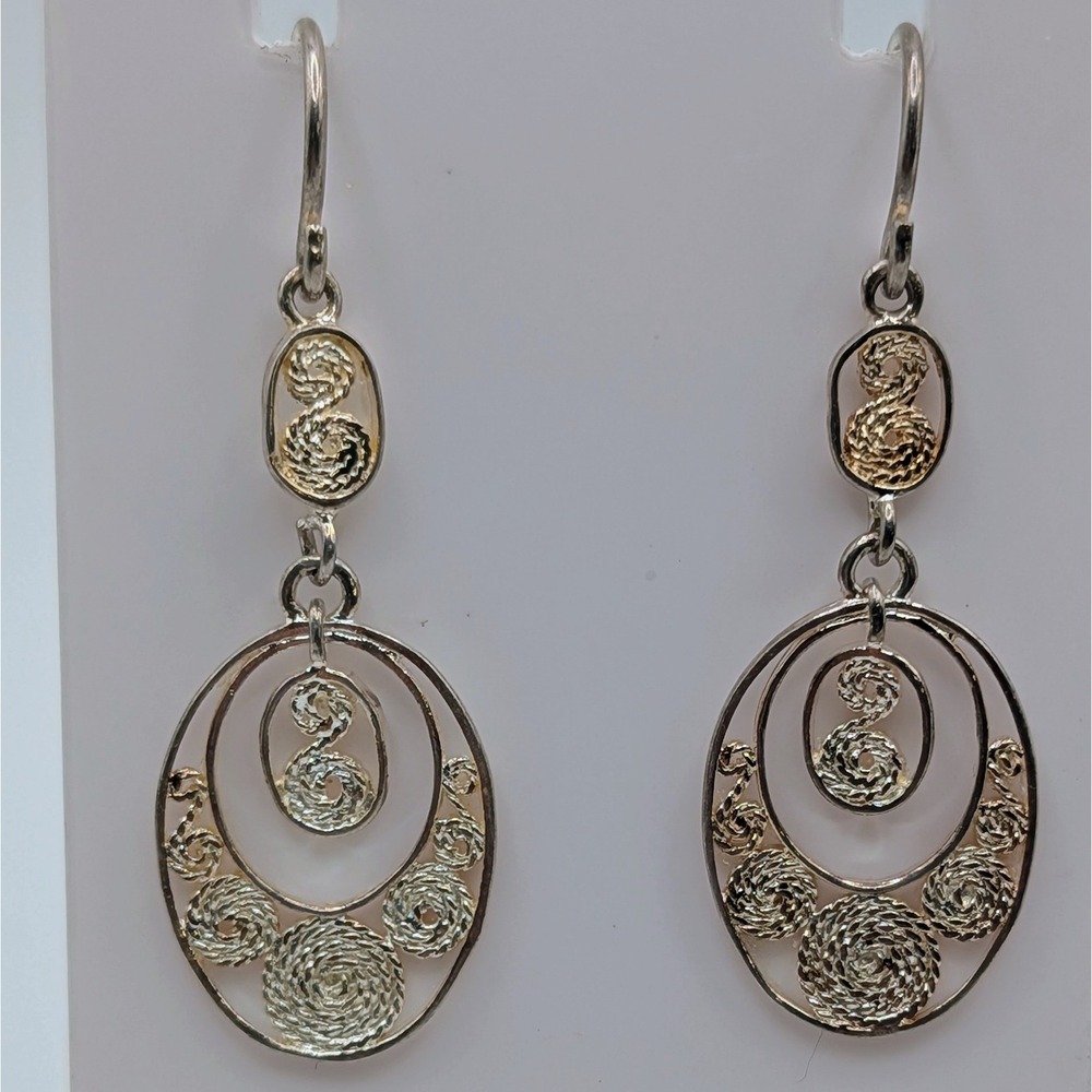 925‎ Sterling Silver Artisan Swirl Oval Drop Earrings 1.6in 3.34g